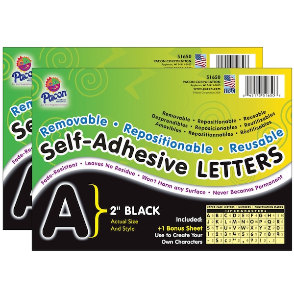 Pacon Black Self-Adhesive Letters, Puffy Font, 2", 159 Characters/Pk, PK2 51650 - main